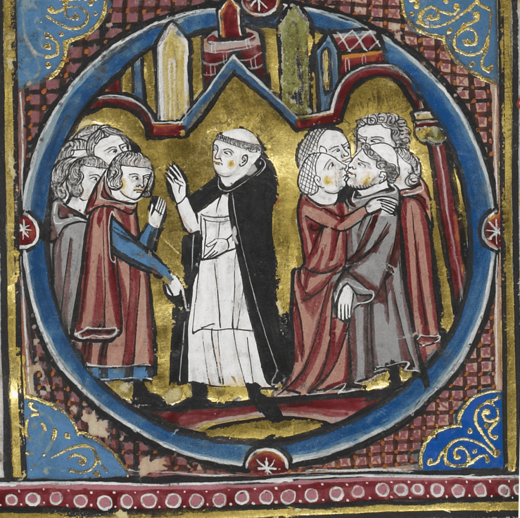 Cropped image from an illuminated manuscript featuring some monks or priests meeting
